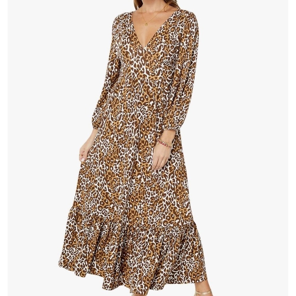 Lilly Pulitzer Ivette Leopard Print Maxi Dress Size 0 Brown 3/4 Sleeve Tiered